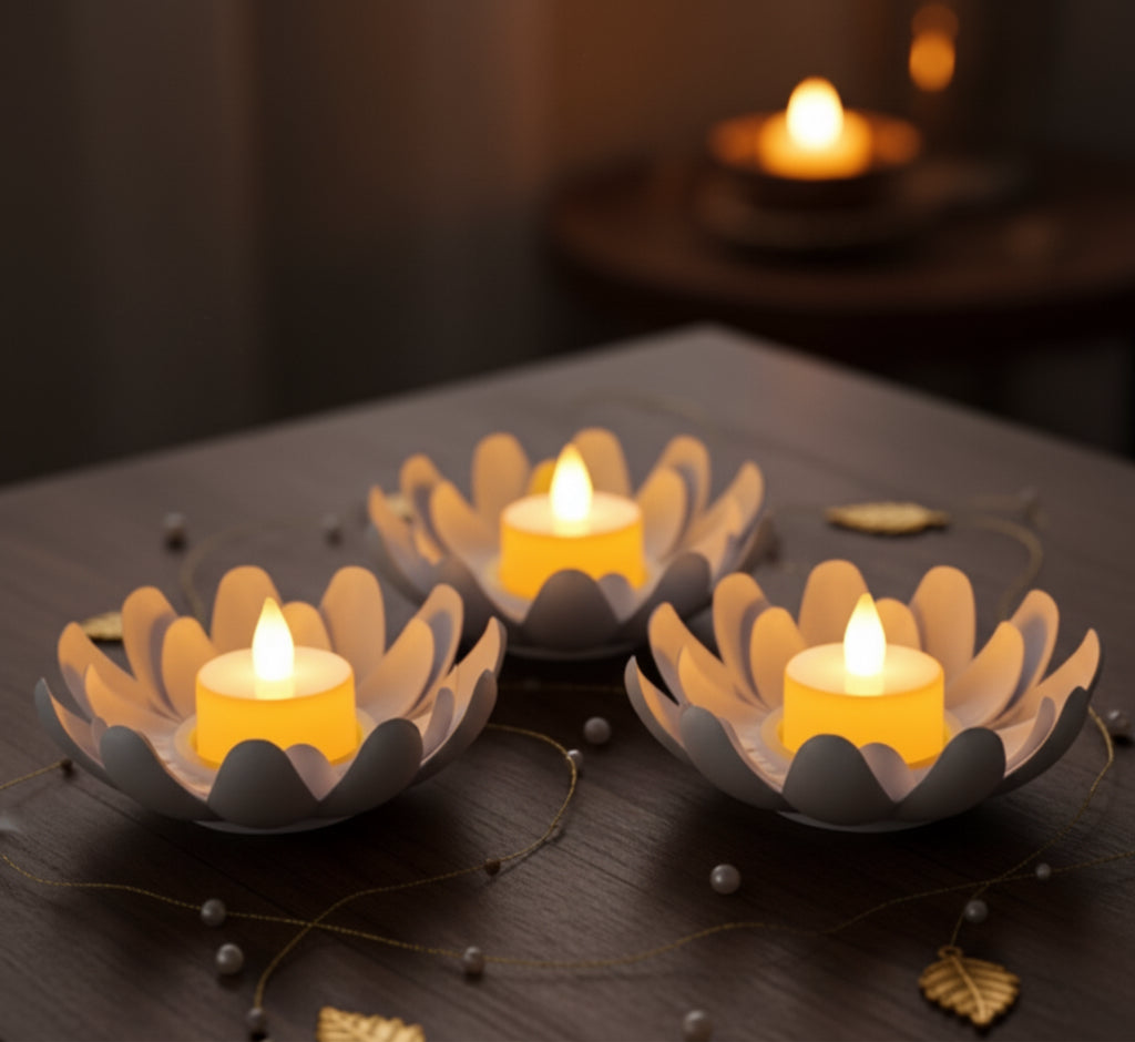 ✨ Petal Diya – Set of 3 LED Diyas with Cells ✨